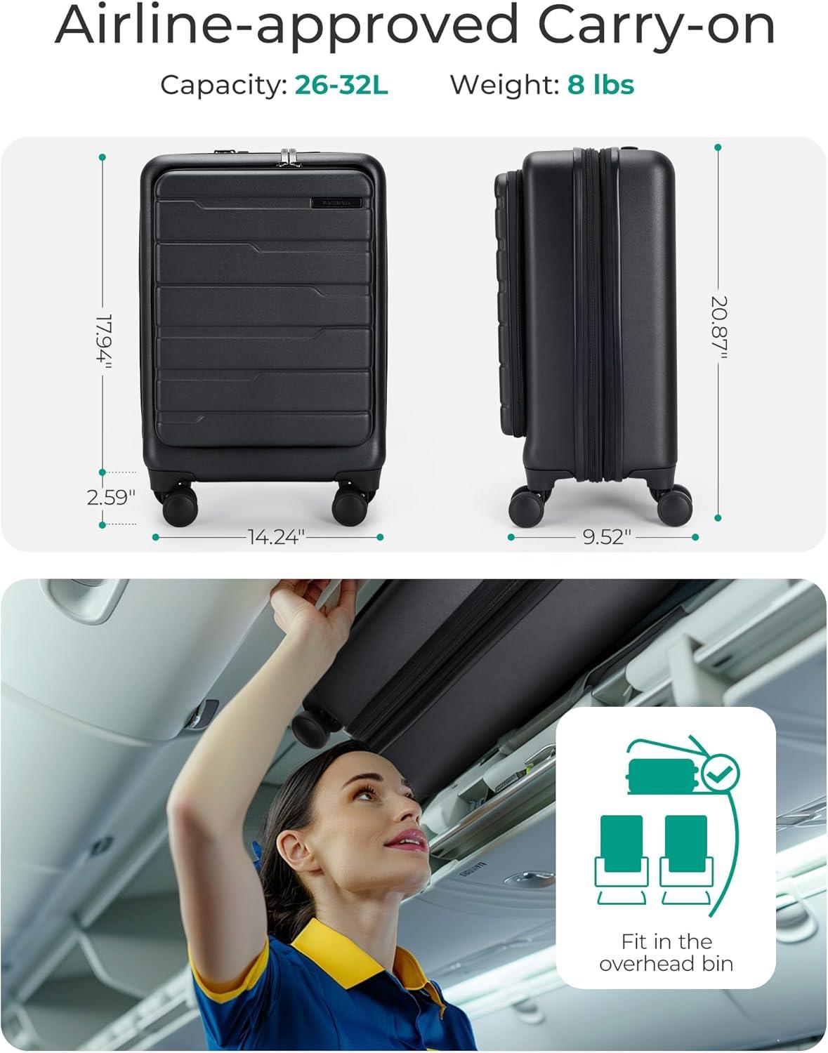 image:imageBAGSMART Expandable Carry On Luggage 22x14x9 Airline Approved 20 Inch Suitcase with Spinner Wheels Charging Ports TSA Lock Hard Shell Front Opening for Men Women Travel Business BlackBlack