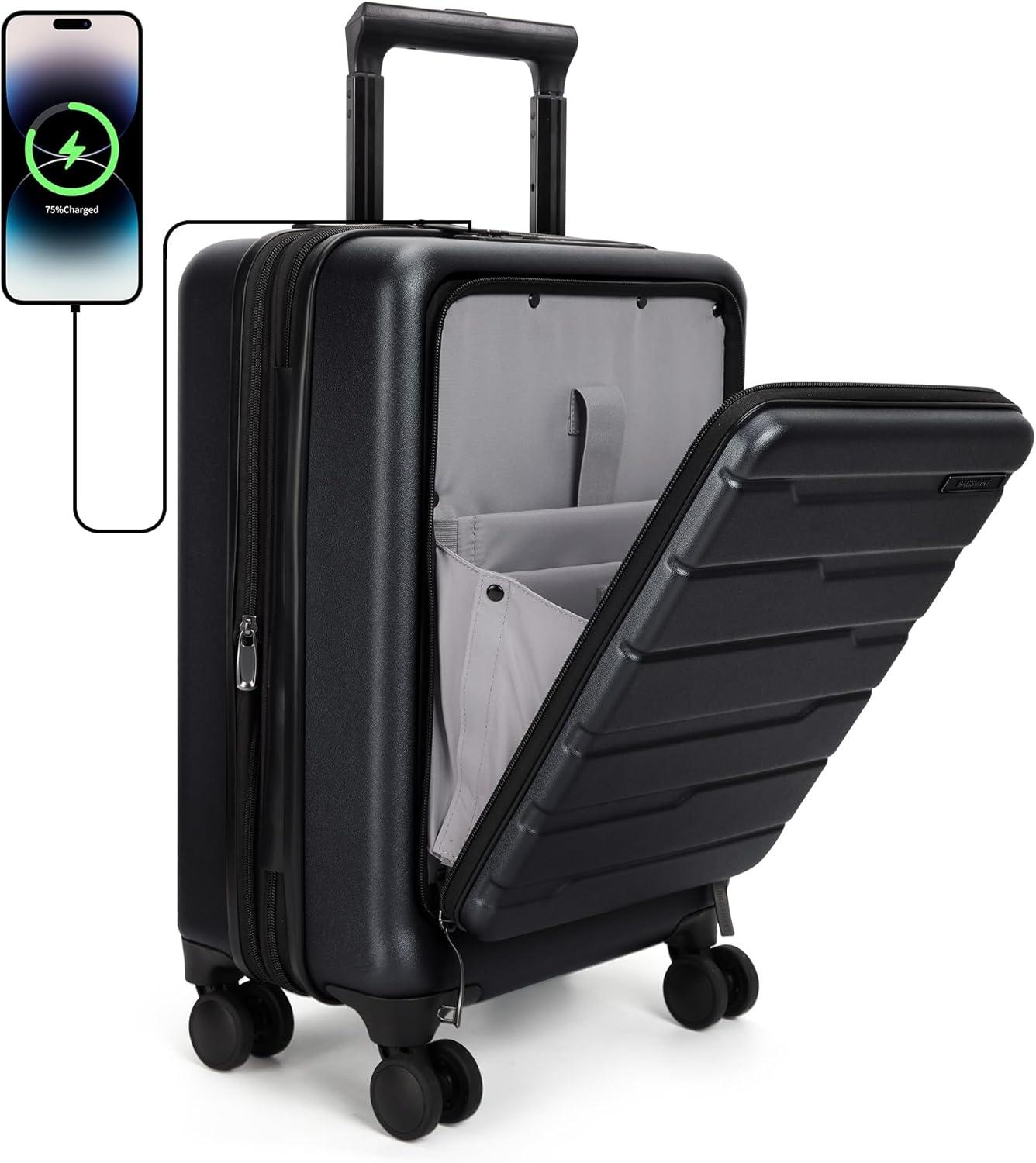 image:imageBAGSMART Expandable Carry On Luggage 22x14x9 Airline Approved 20 Inch Suitcase with Spinner Wheels Charging Ports TSA Lock Hard Shell Front Opening for Men Women Travel Business BlackBlack
