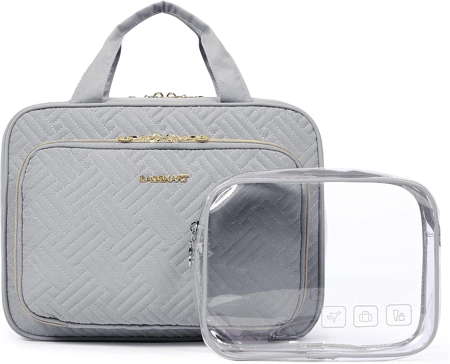 image:imageBAGSMART Toiletry Bag Hanging Travel Makeup Organizer with TSA Approved Transparent Cosmetic Bag Makeup Bag for Full Sized Toiletries LargeBlckGrey