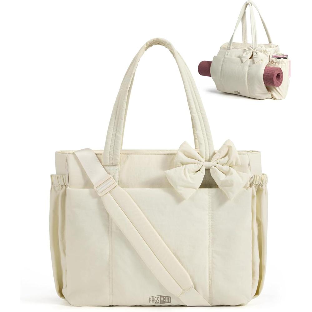 image:imageBAGAMSRT Crush Bow Tote Bag for Women Large Work Tote with 40oz Tumbler Puffer Travel Tote Bag for Work Yoga GymBeige