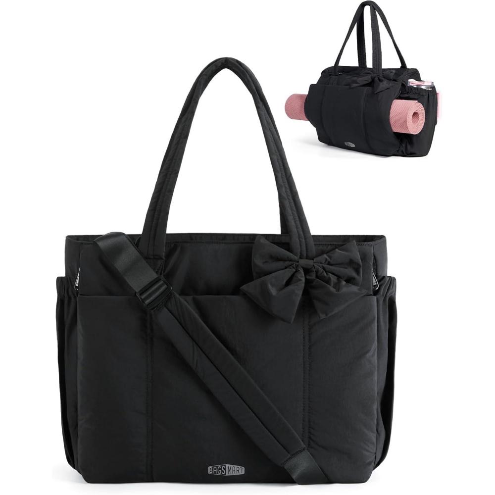 image:imageBAGAMSRT Crush Bow Tote Bag for Women Large Work Tote with 40oz Tumbler Puffer Travel Tote Bag for Work Yoga GymJet Black