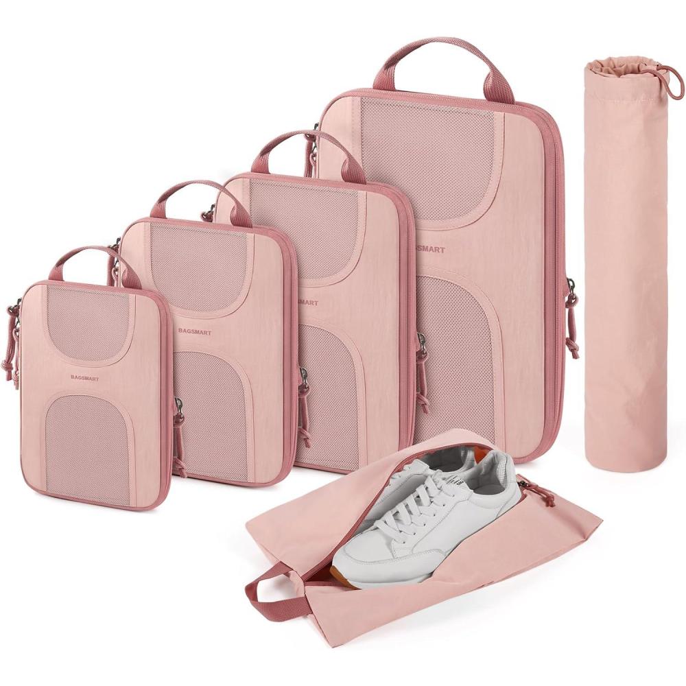 image:imageBAGSMART 6 Set Packing Cubes for Suitcases Lightweight Suitcase Organizers ampamp Compression Travel Cubes02Baby Pink