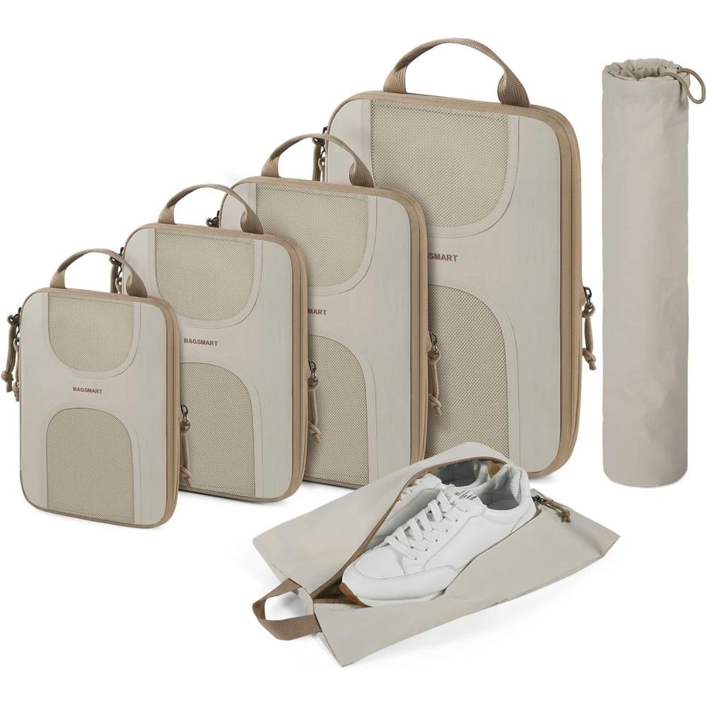 image:imageBAGSMART 6 Set Packing Cubes for Suitcases Lightweight Suitcase Organizers ampamp Compression Travel Cubes05Camel