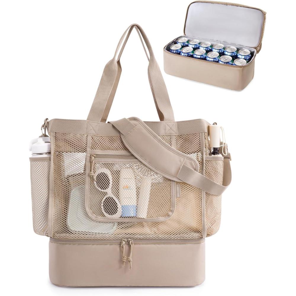 image:imageBAGSMART Beach Bag for Women Mesh Tote Bags with Zipper Sandproof Vacation Essentials with Cooler for Swim Cruise PoolCamel