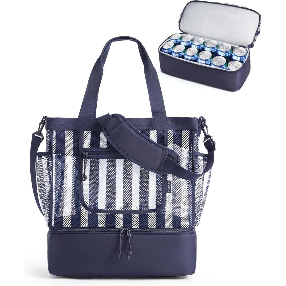 image:imageBAGSMART Beach Bag for Women Mesh Tote Bags with Zipper Sandproof Vacation Essentials with Cooler for Swim Cruise PoolNavy