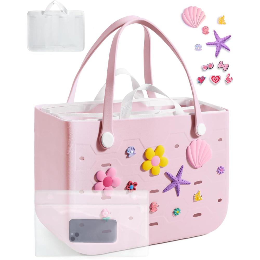 image:imageBAGSMART Beach Bag for Women Waterresistant Rubber Tote Bag Sandproof Vacation Essentials for Summer Swim Cruise PoolRosy Pink