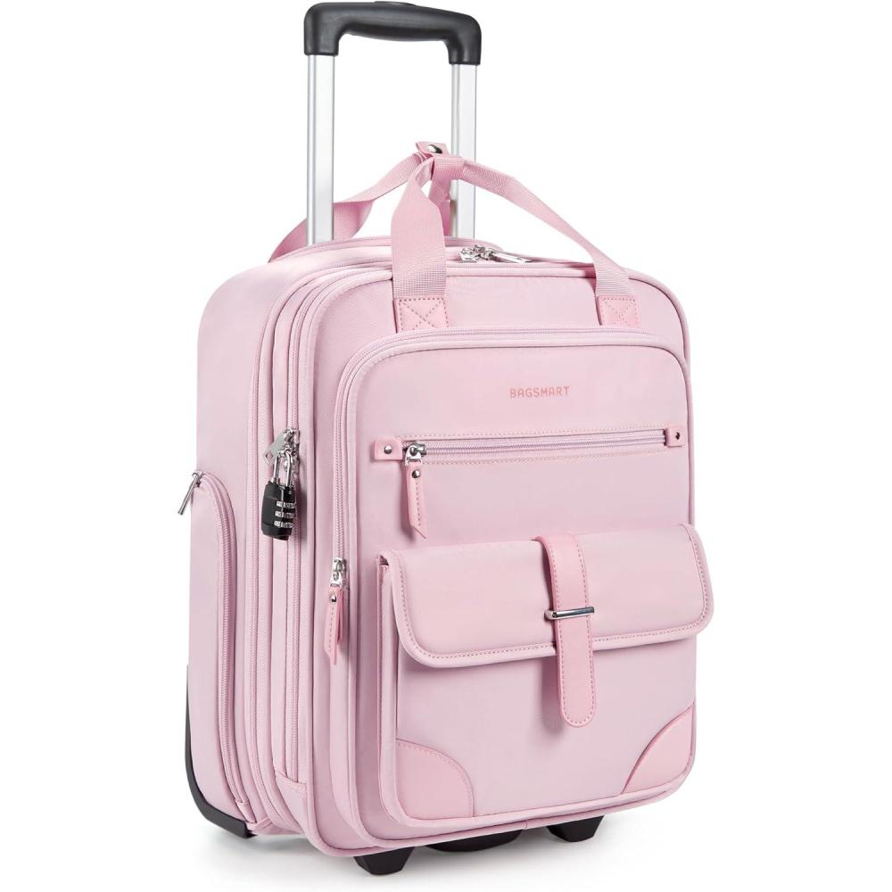 image:imageBAGSMART Carry on Luggage with Wheels 16inch Underseat Travel Suitcase Airline approved Lightweight Softside Carryon Luggage for Airplanes Women Overnight Rolling Bags for Short Trip Light BeigePink