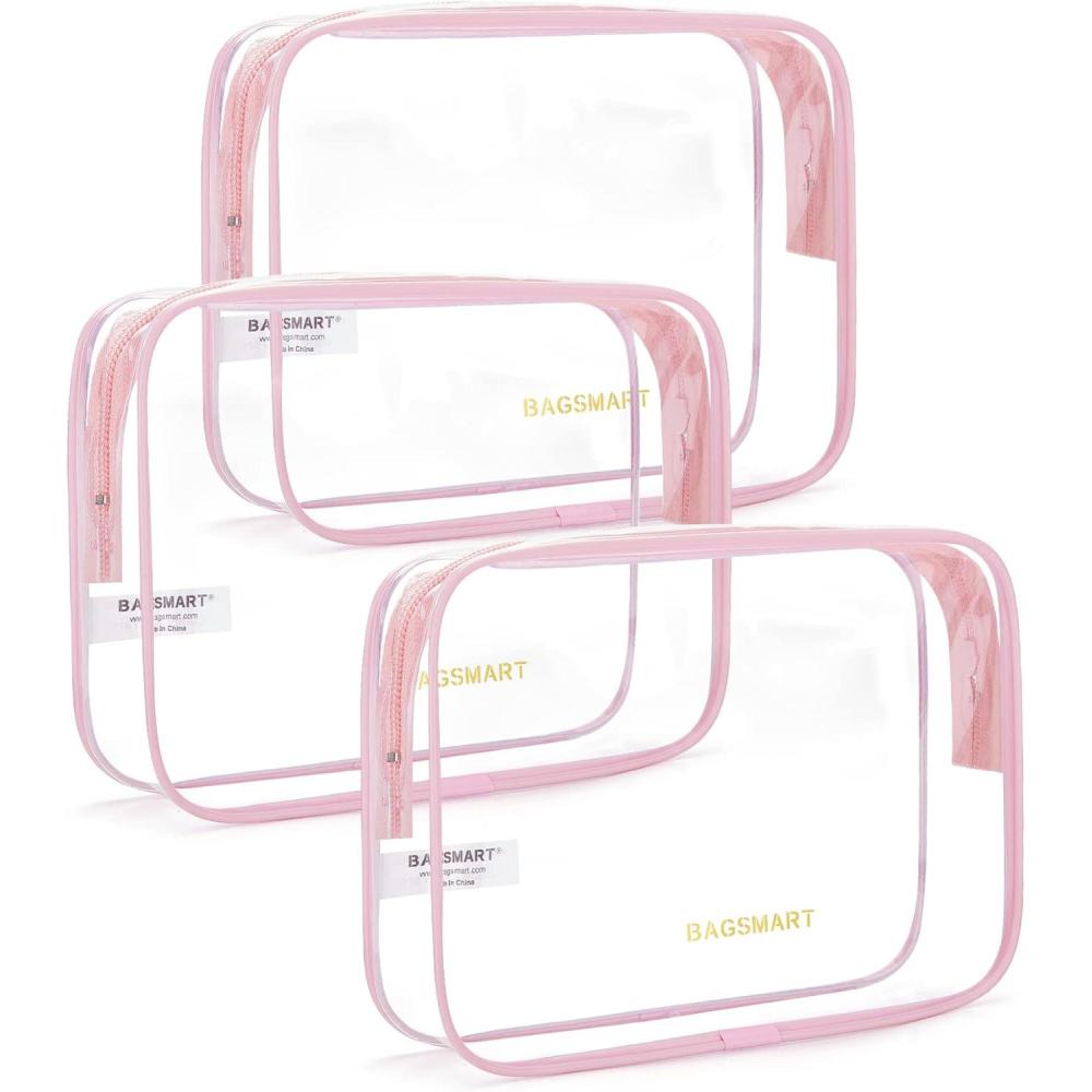 image:imageBAGSMART Clear Toiletry Bag 3Pack TSA Approved Travel Toiletry Bag Carry On Travel Accessories Bag Airport Airline Quart Size Bags waterresistant Makeup Bag for WomenCandy Pink