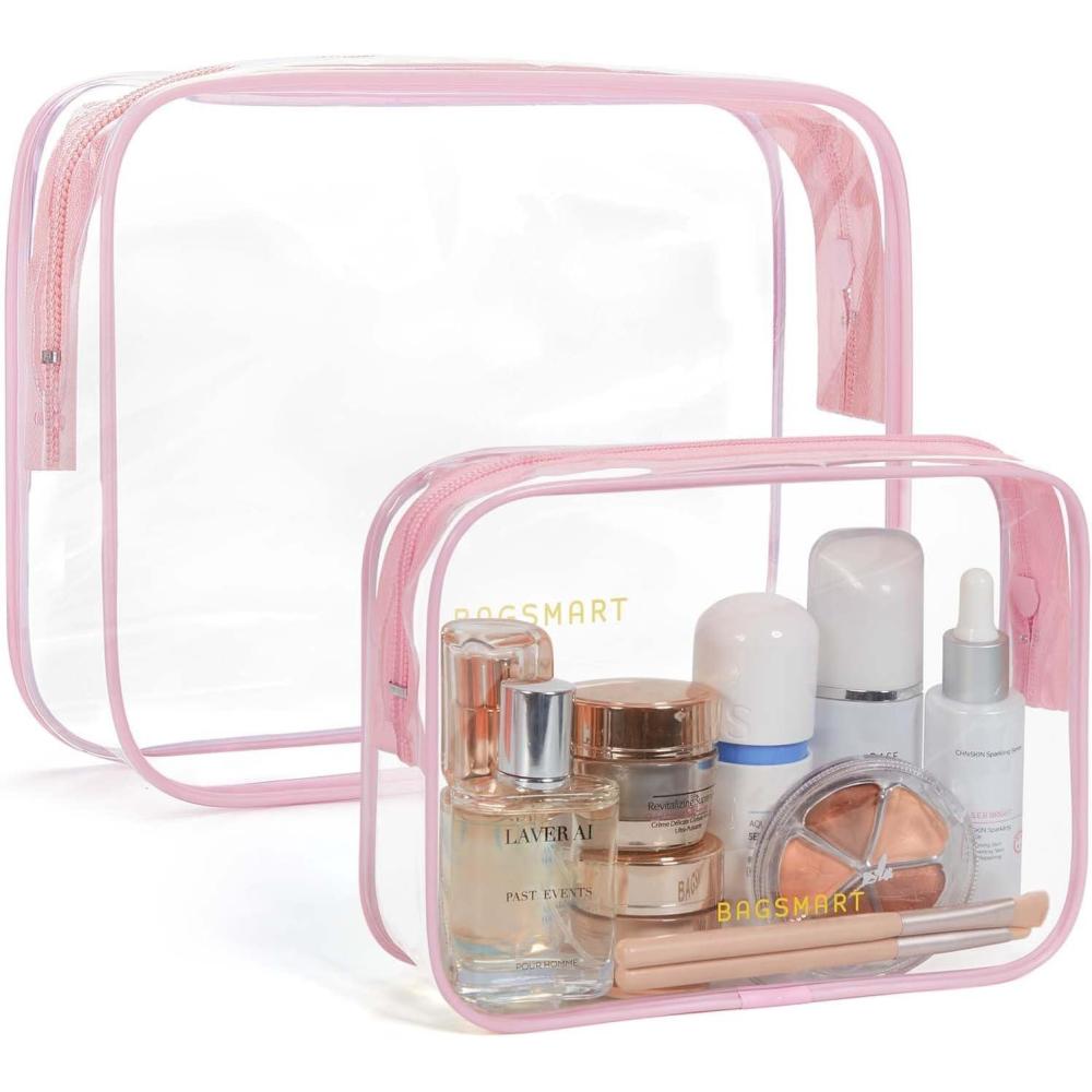 image:imageBAGSMART Clear Toiletry Bag 3Pack TSA Approved Travel Toiletry Bag Carry On Travel Accessories Bag Airport Airline Quart Size Bags waterresistant Makeup Bag for WomenPink