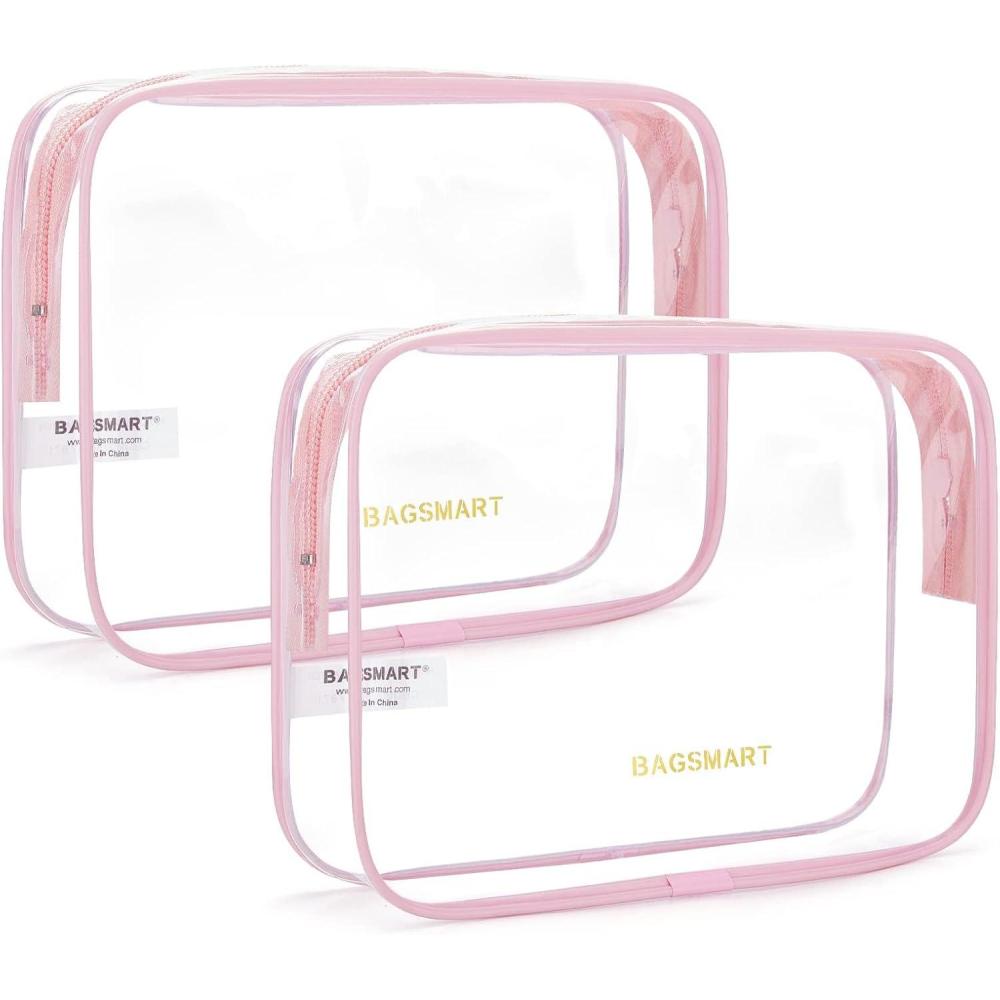 image:imageBAGSMART Clear Toiletry Bag 3Pack TSA Approved Travel Toiletry Bag Carry On Travel Accessories Bag Airport Airline Quart Size Bags waterresistant Makeup Bag for WomenAngelic Pink