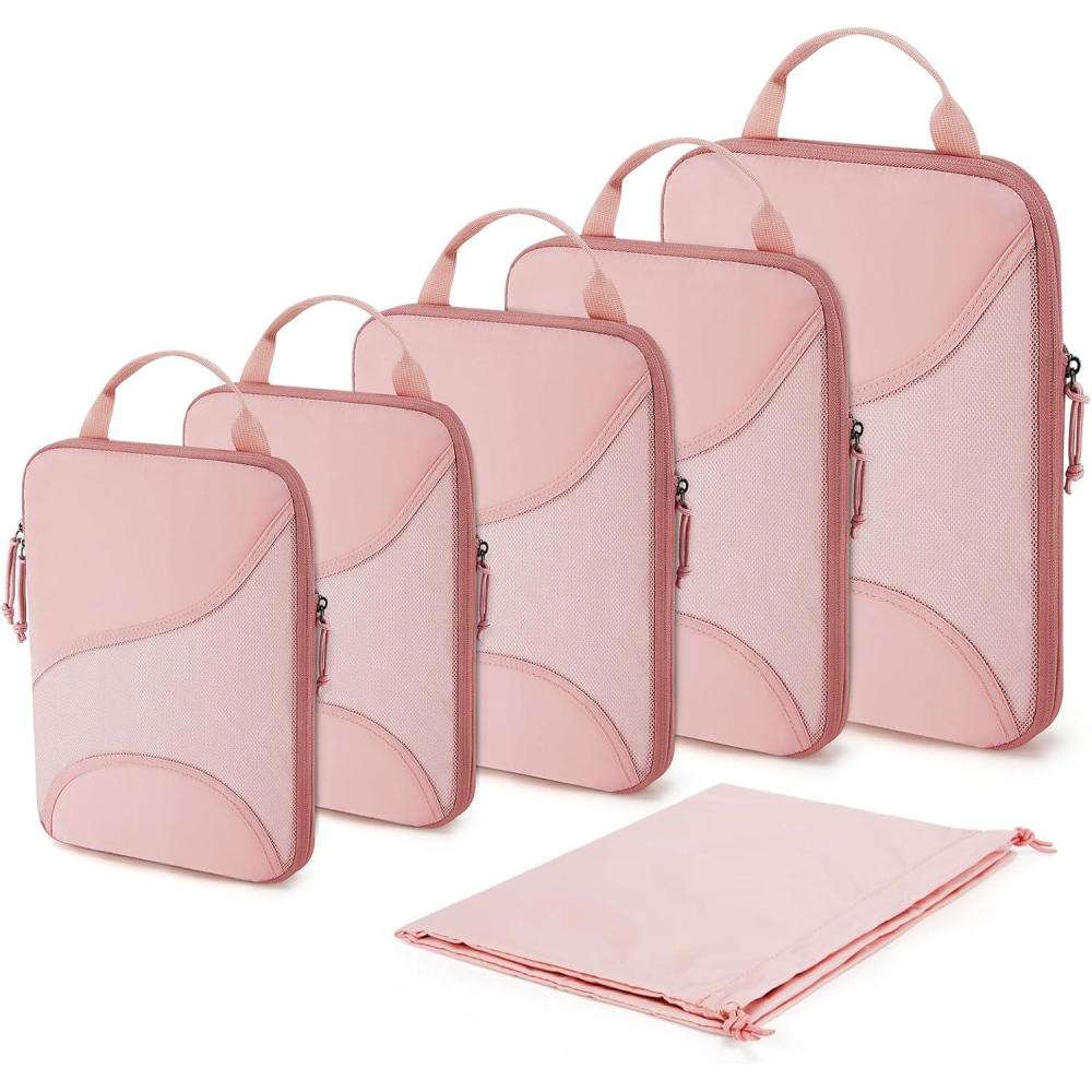 image:imageBAGSMART Compression Packing Cubes 6 Set Travel Packing Cubes for Suitcases Compression Suitcase Organizers with Shoe Bag01Baby Pink
