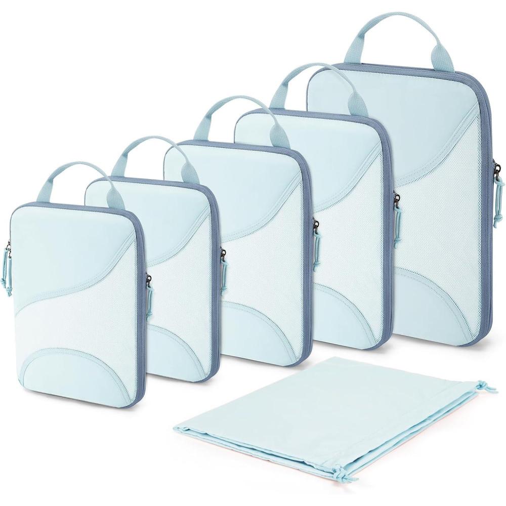 image:imageBAGSMART Compression Packing Cubes 6 Set Travel Packing Cubes for Suitcases Compression Suitcase Organizers with Shoe Bag03Light Blue