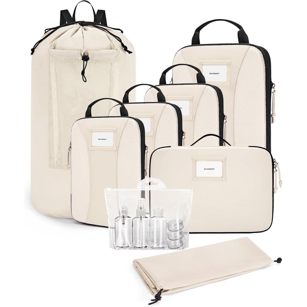 image:imageBAGSMART Compression Packing Cubes 6 PCS Packing Cubes for Suitcases Travel Bags Organizer for Luggage Lightweight Packing Cube for Travel EssentialsLight Beige