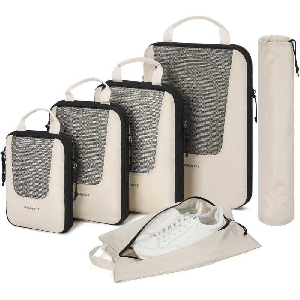 image:imageBAGSMART Compression Packing Cubes Travel Cubes for Packing 654 Set Suitcase Organizer Bags Set Lightweight Packing OrganizersABeige