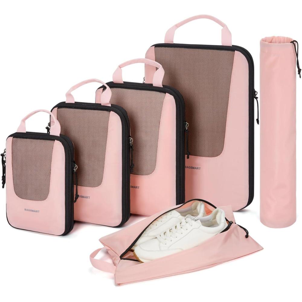 image:imageBAGSMART Compression Packing Cubes Travel Cubes for Packing 654 Set Suitcase Organizer Bags Set Lightweight Packing OrganizersBBaby Pink