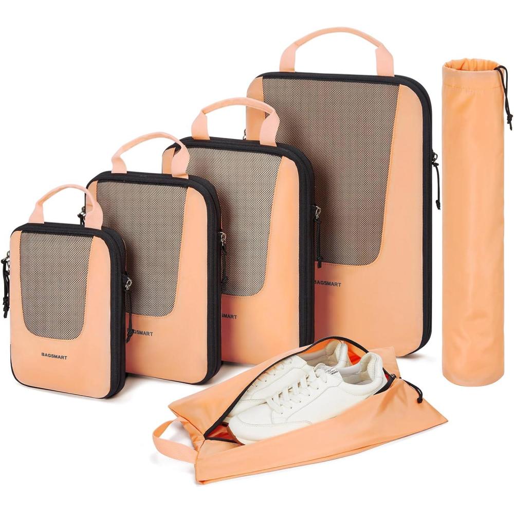 image:imageBAGSMART Compression Packing Cubes Travel Cubes for Packing 654 Set Suitcase Organizer Bags Set Lightweight Packing OrganizersLSunset Oranger