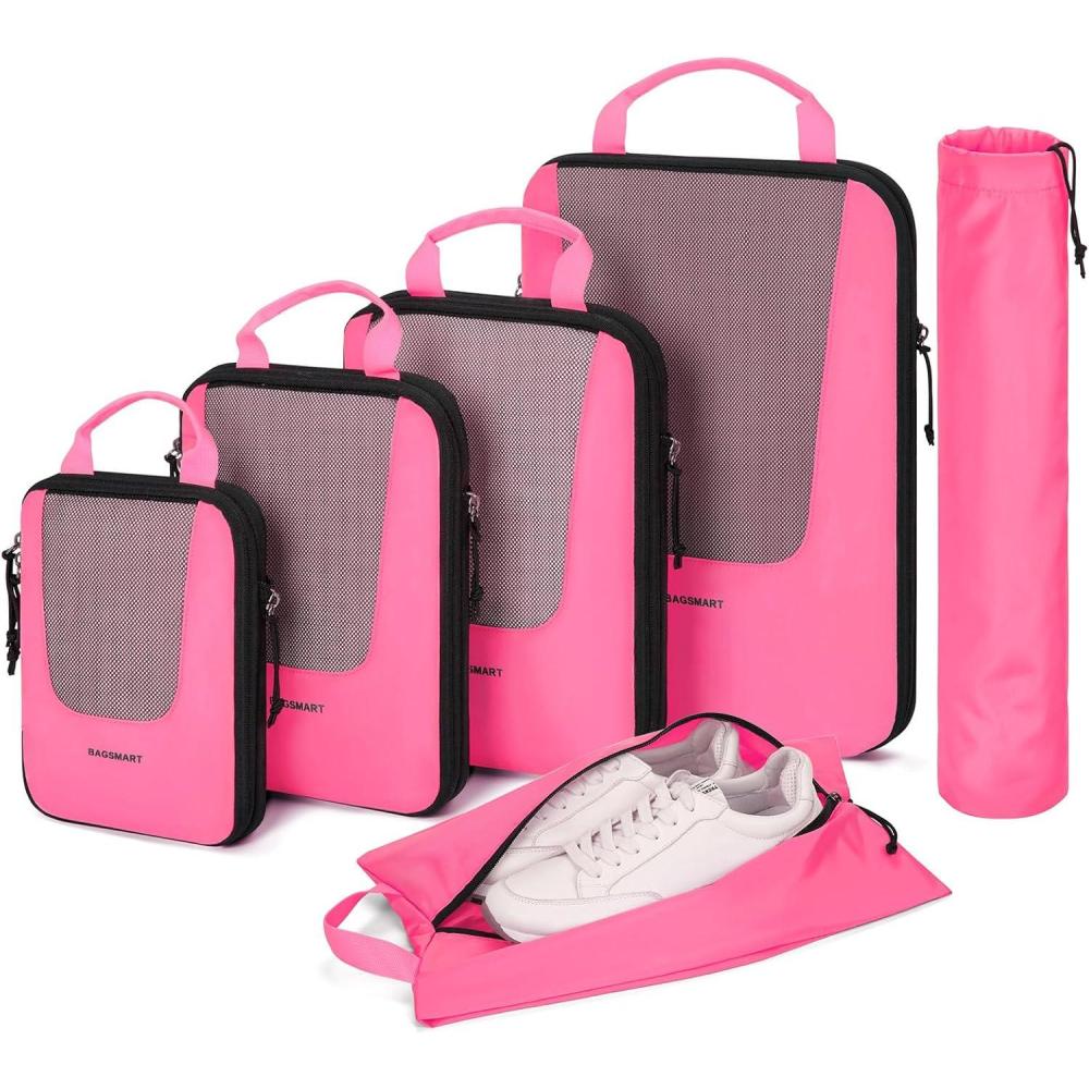 image:imageBAGSMART Compression Packing Cubes Travel Cubes for Packing 654 Set Suitcase Organizer Bags Set Lightweight Packing OrganizersMBarbie Powder
