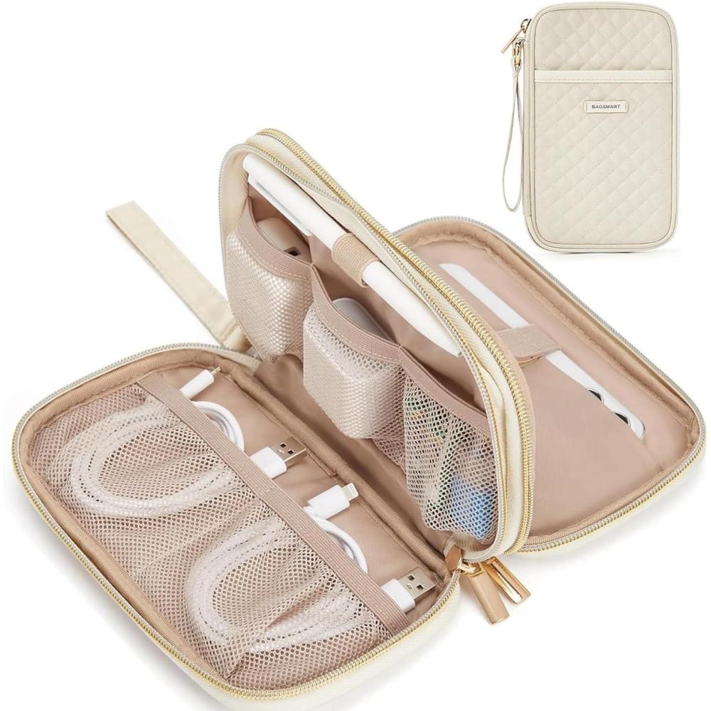 image:imageBAGSMART Cord Organizer Travel Cable Organizer Bag Tech Electronic Organizer Travel Case Travel Essentials for Charger Cable Phone Flash drive Single Layer BlackDouble Layer Quilted Beige