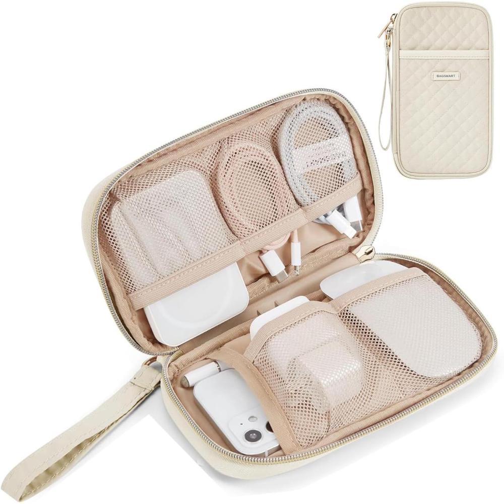 image:imageBAGSMART Cord Organizer Travel Cable Organizer Bag Tech Electronic Organizer Travel Case Travel Essentials for Charger Cable Phone Flash drive Single Layer  BlackSingle Layer Quilted Beige