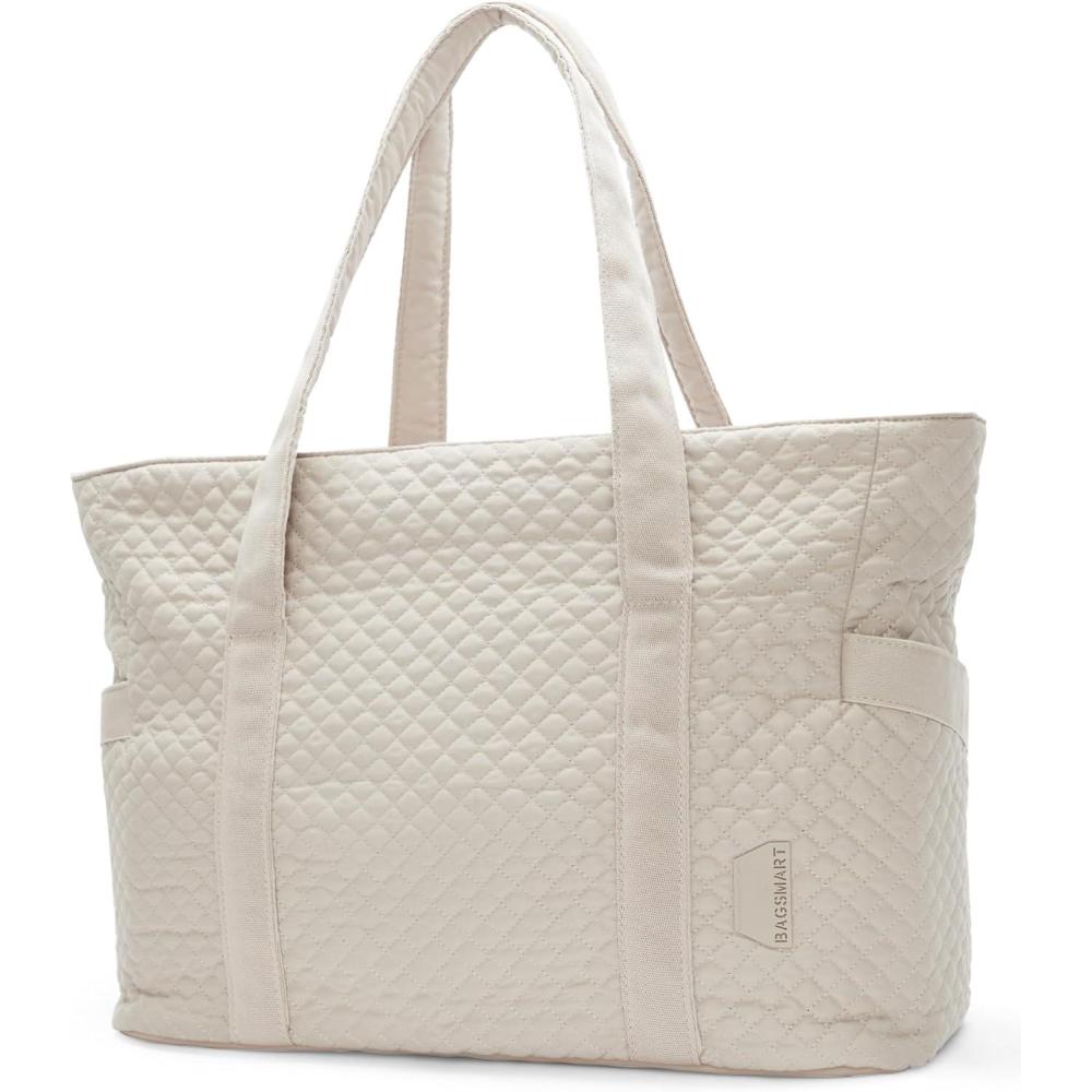 image:imageBAGSMART Crush Tote Bag for Women 20L Puffer Work Tote with Zipper Travel Essentials Quilted Nurse Hospital BagBeige