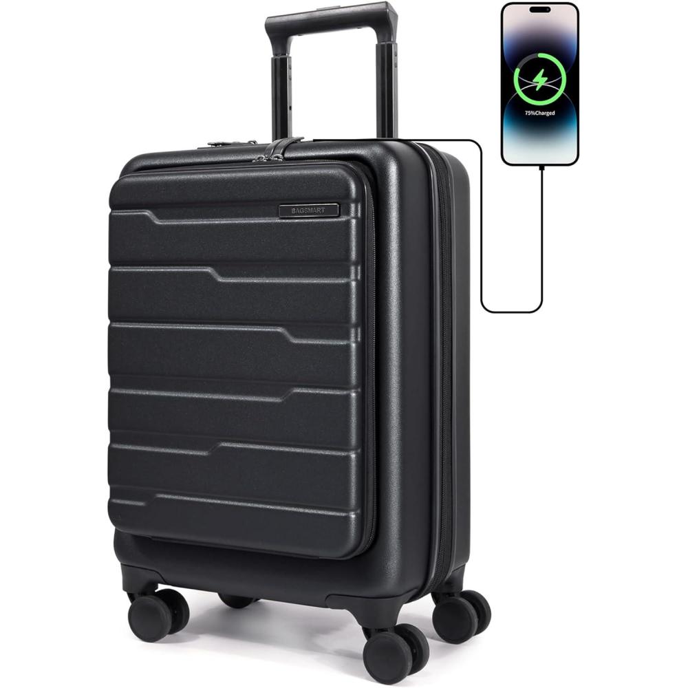 image:imageBAGSMART Expandable Carry On Luggage 22x14x9 Airline Approved 20 Inch Suitcase with Spinner Wheels Charging Ports TSA Lock Hard Shell Front Opening for Men Women Travel Business BlackBlack
