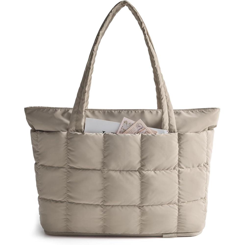 image:imageBAGSMART Expandable Tote Bag for Women Puffer Work Tote Handbag Quilted Carry On Bag for Travel GymCamel