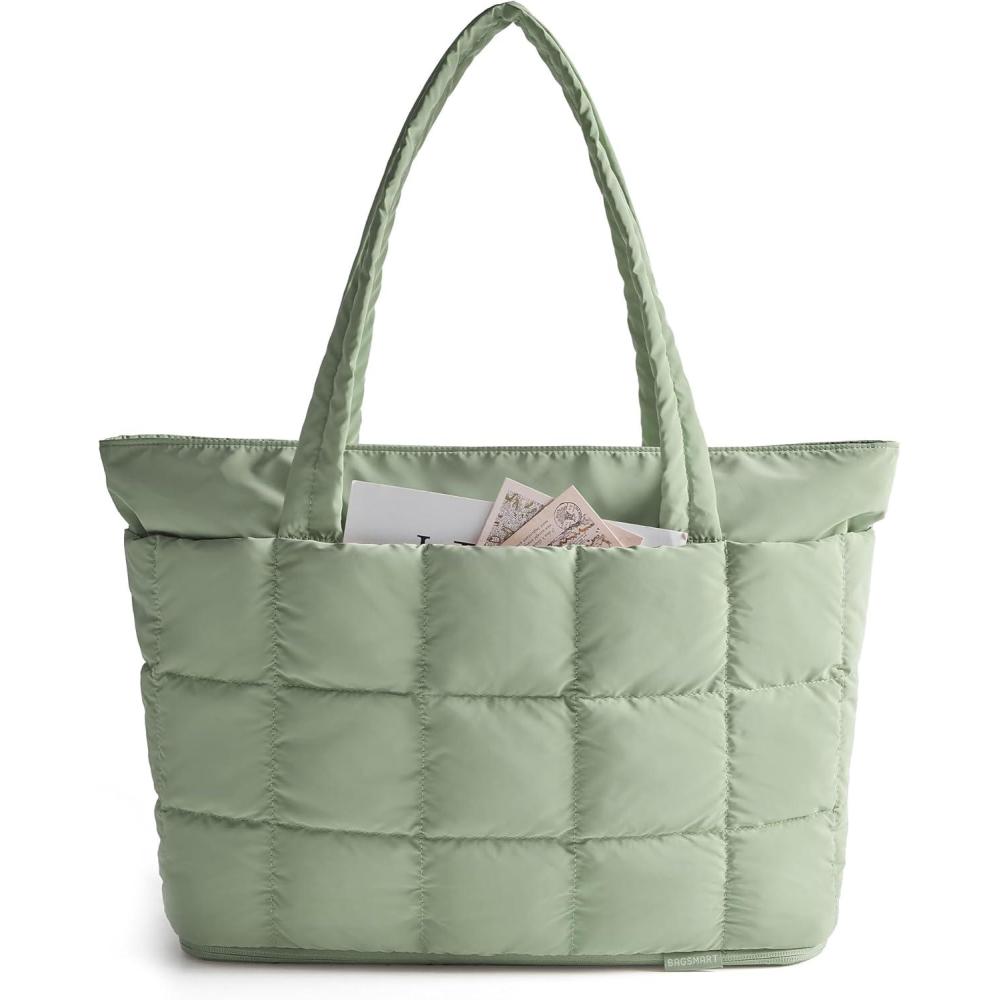 image:imageBAGSMART Expandable Tote Bag for Women Puffer Work Tote Handbag Quilted Carry On Bag for Travel GymGreen