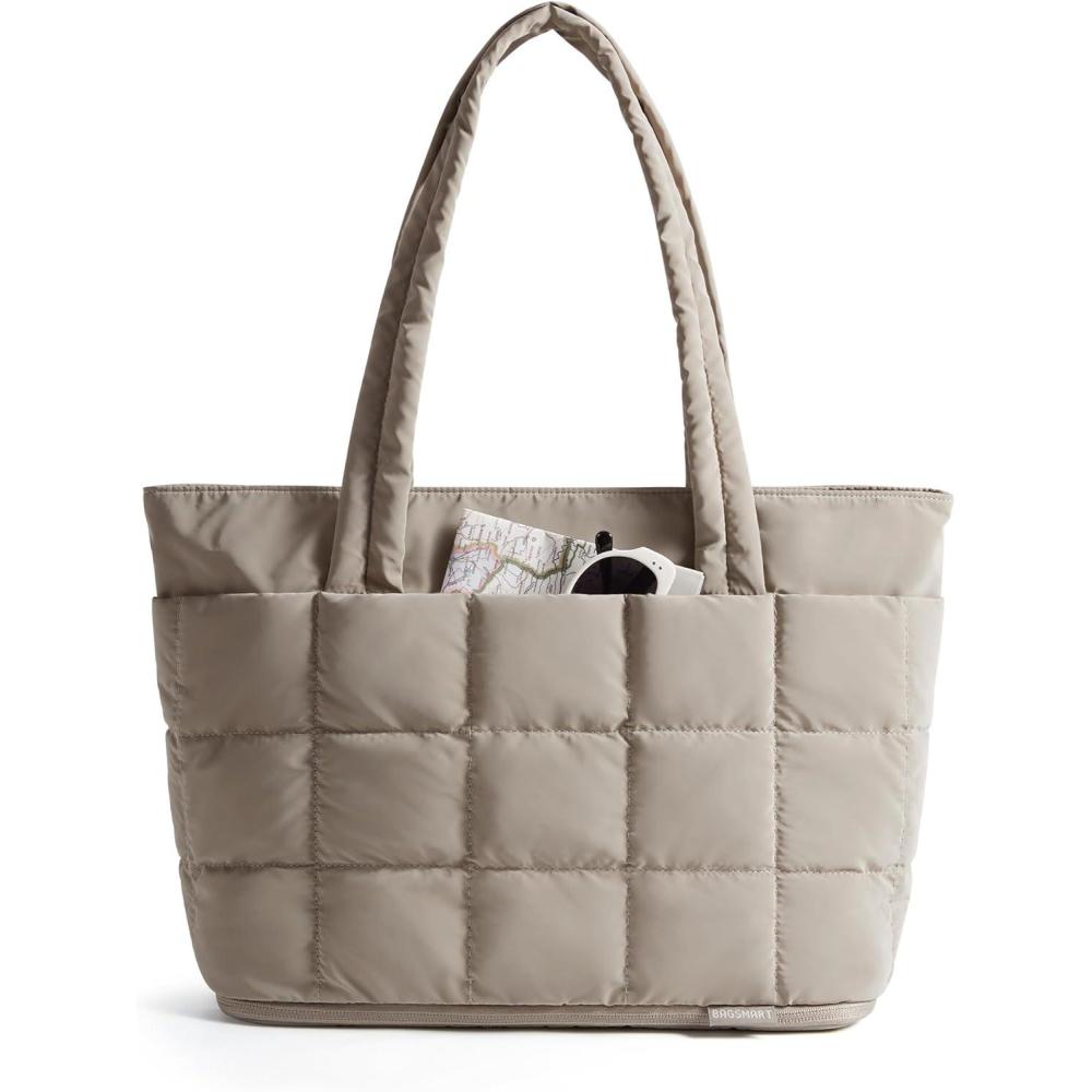 image:imageBAGSMART Expandable Tote Bag for Women Puffer Work Tote Handbag Quilted Carry On Bag for Travel GymKhaki