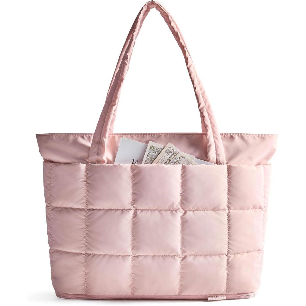 image:imageBAGSMART Expandable Tote Bag for Women Puffer Work Tote Handbag Quilted Carry On Bag for Travel GymLight Pink