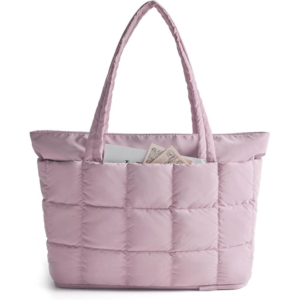 image:imageBAGSMART Expandable Tote Bag for Women Puffer Work Tote Handbag Quilted Carry On Bag for Travel GymPurple