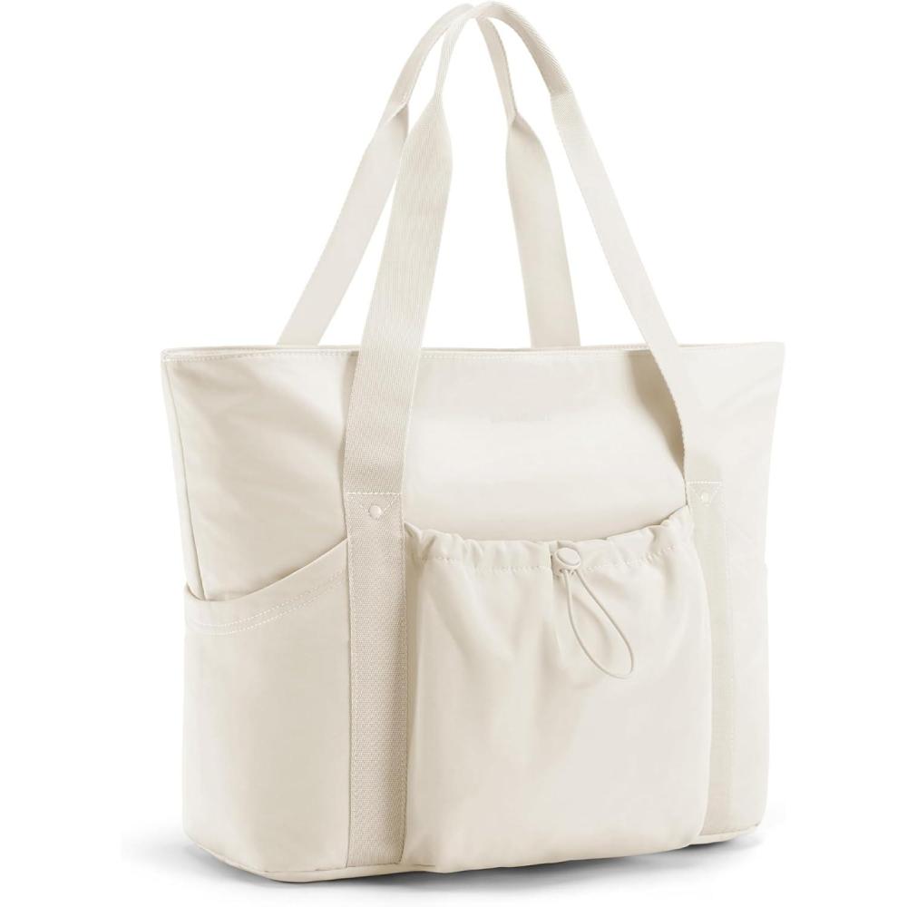 image:imageBAGSMART Foldable Tote Bag with Drawstring Bag Large Tote Bag Shoulder Bag Top Handle Handbag for Travel Work Beach GymBeige 1