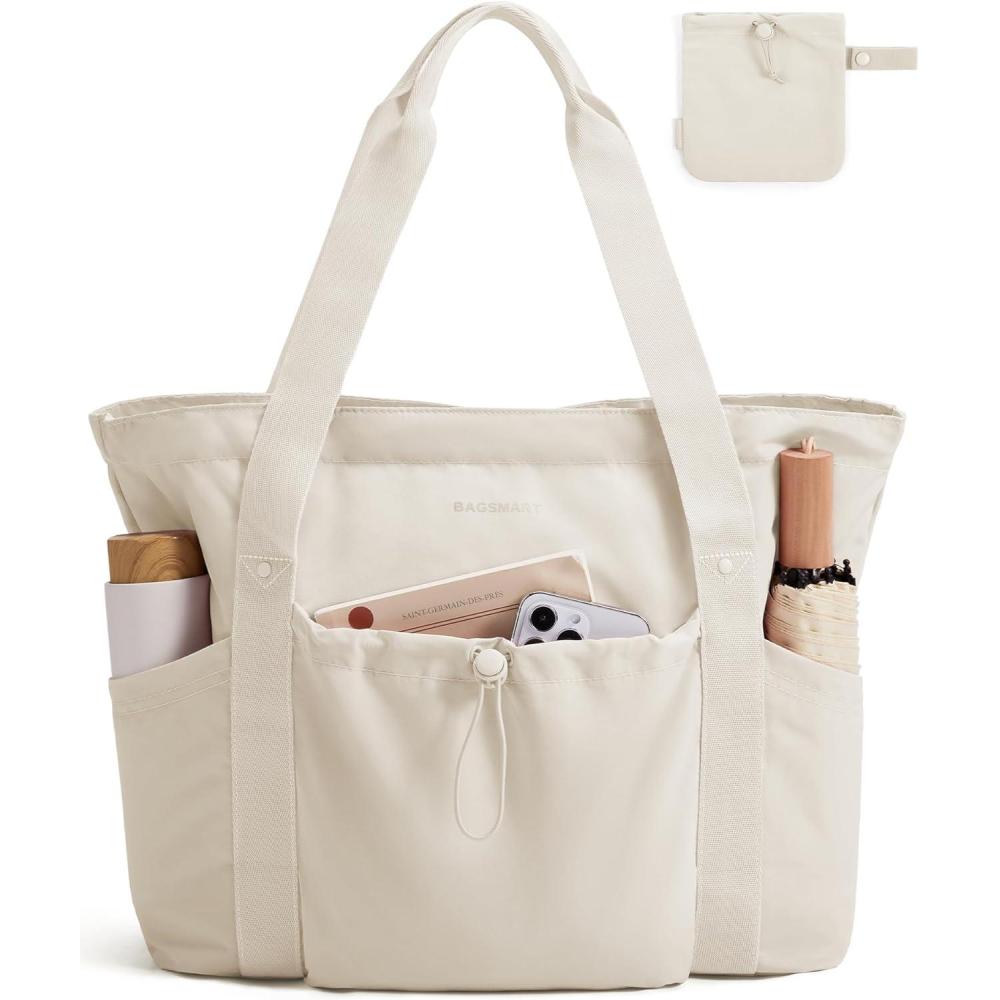 image:imageBAGSMART Foldable Tote Bag with Drawstring Bag Large Tote Bag Shoulder Bag Top Handle Handbag for Travel Work Beach GymBeige