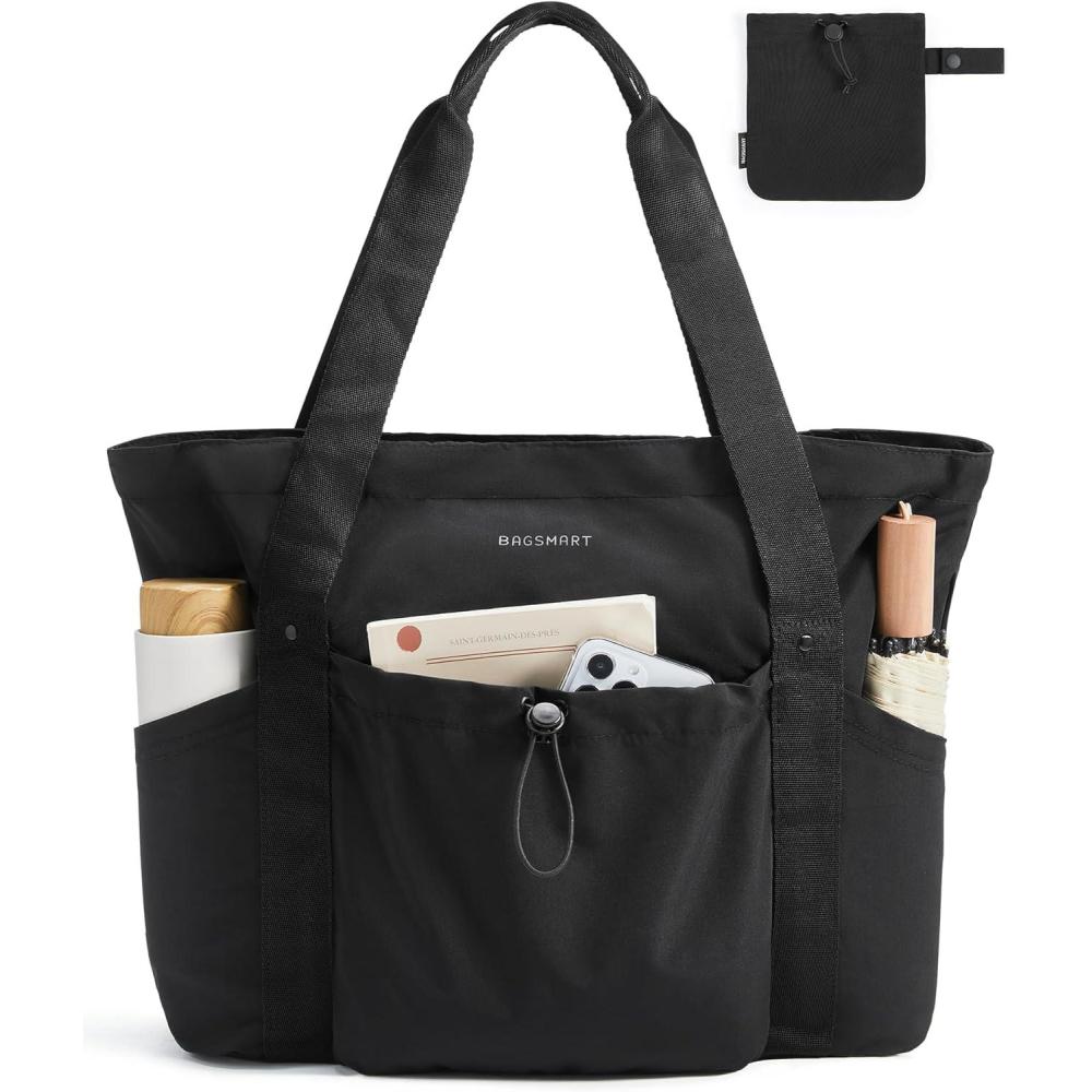 image:imageBAGSMART Foldable Tote Bag with Drawstring Bag Large Tote Bag Shoulder Bag Top Handle Handbag for Travel Work Beach GymFoldableblack