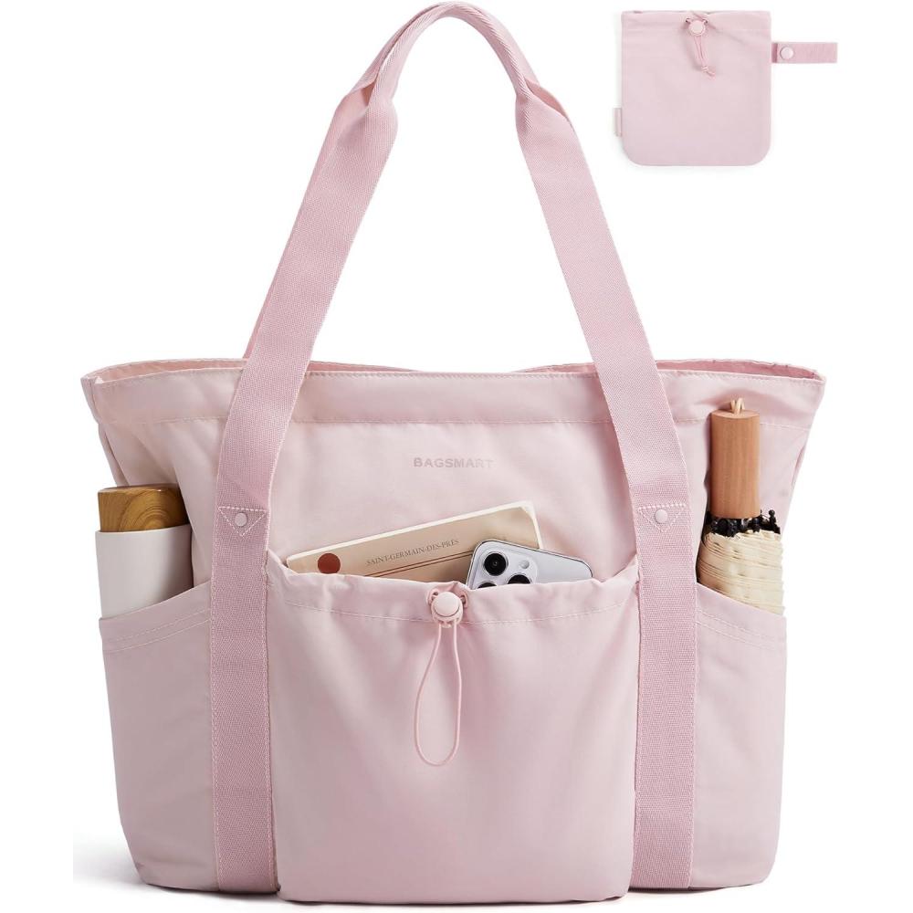image:imageBAGSMART Foldable Tote Bag with Drawstring Bag Large Tote Bag Shoulder Bag Top Handle Handbag for Travel Work Beach GymFoldablepink