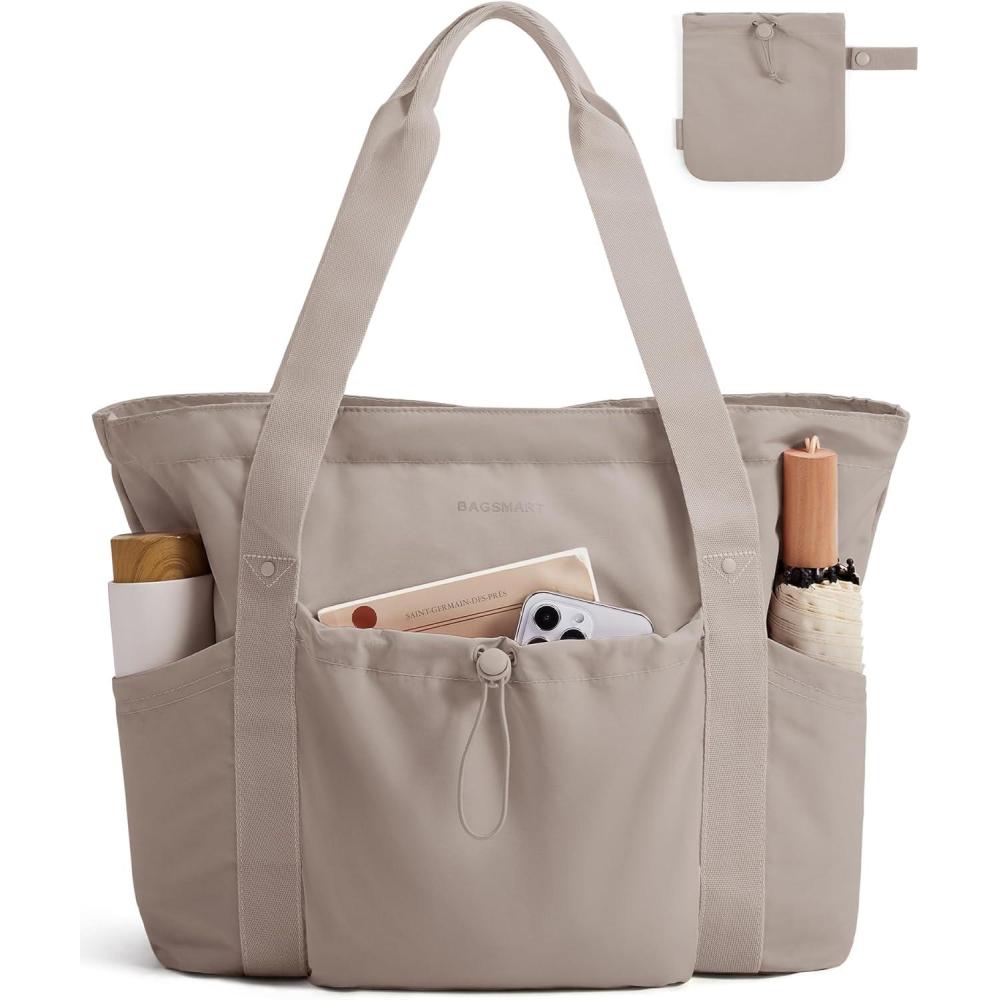 image:imageBAGSMART Foldable Tote Bag with Drawstring Bag Large Tote Bag Shoulder Bag Top Handle Handbag for Travel Work Beach GymGrayish Brown