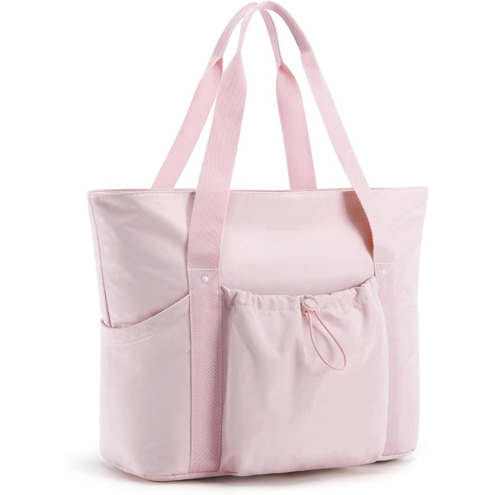 image:imageBAGSMART Foldable Tote Bag with Drawstring Bag Large Tote Bag Shoulder Bag Top Handle Handbag for Travel Work Beach GymPink 1