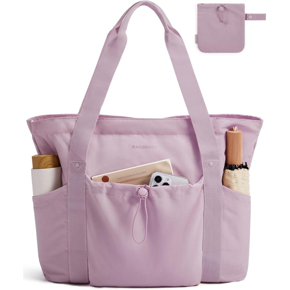 image:imageBAGSMART Foldable Tote Bag with Drawstring Bag Large Tote Bag Shoulder Bag Top Handle Handbag for Travel Work Beach GymPurple