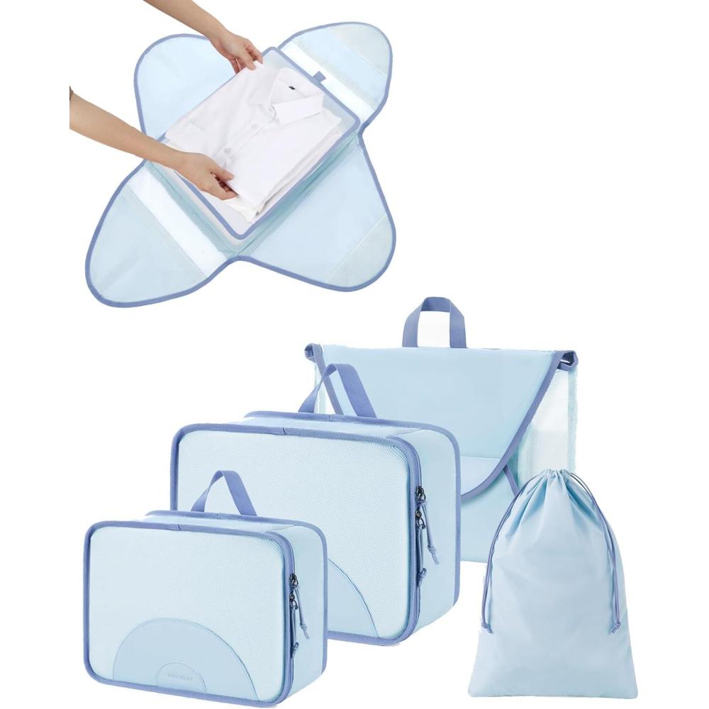 image:imageBAGSMART Garment Folder Packing Cubes for Travel 4 Set Lightweight Travel Cubes for Wrinkle Free Durable Suitcase Organizers Bag Set for Travel Essentials White OpalSky Blue