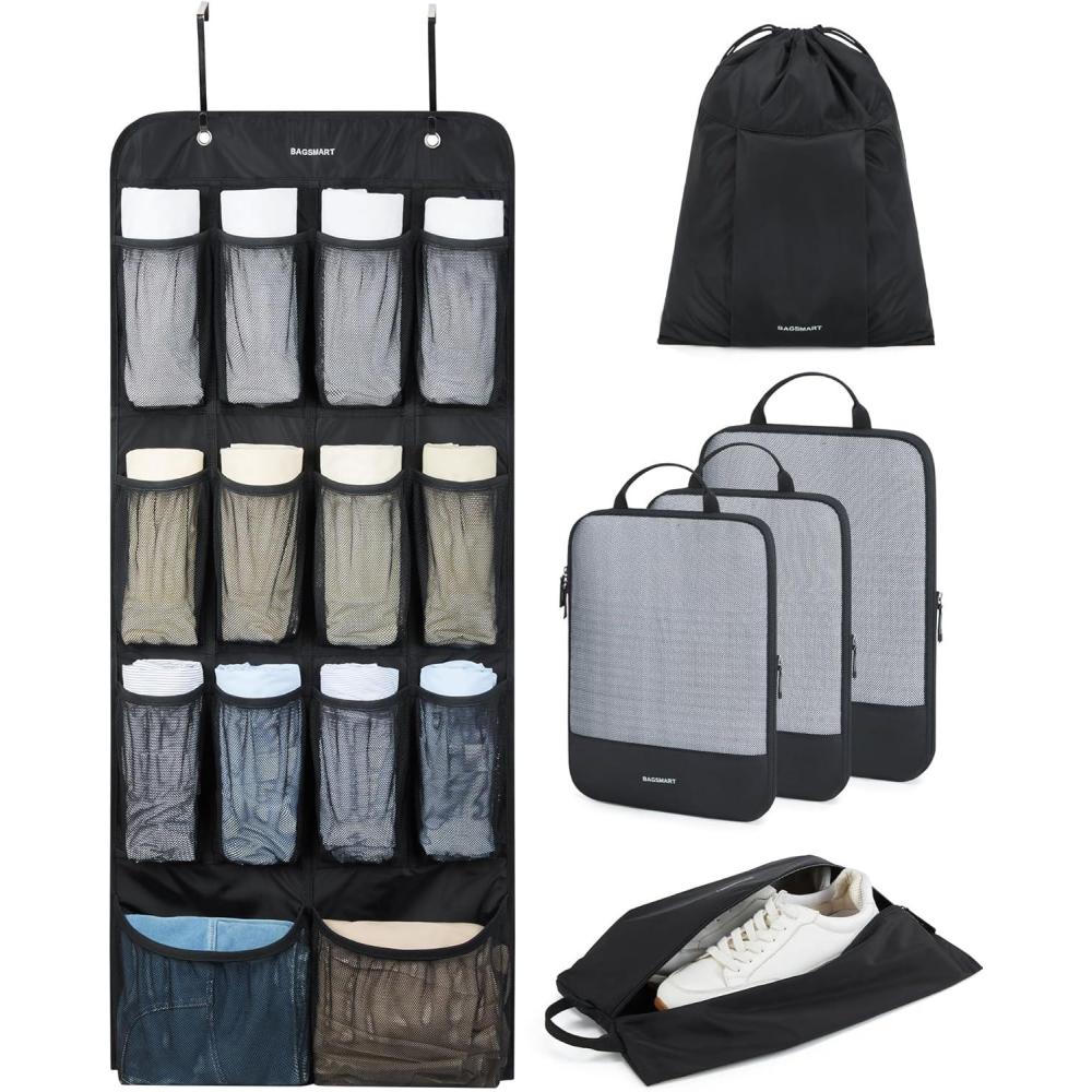 image:imageBAGSMART Hanging Compression Packing Cubes 6 Set Large Suitcase Organizer Bags Set Cruise Travel Essentials for Women  Hanging Compression Packing Cubes for WomenBlack