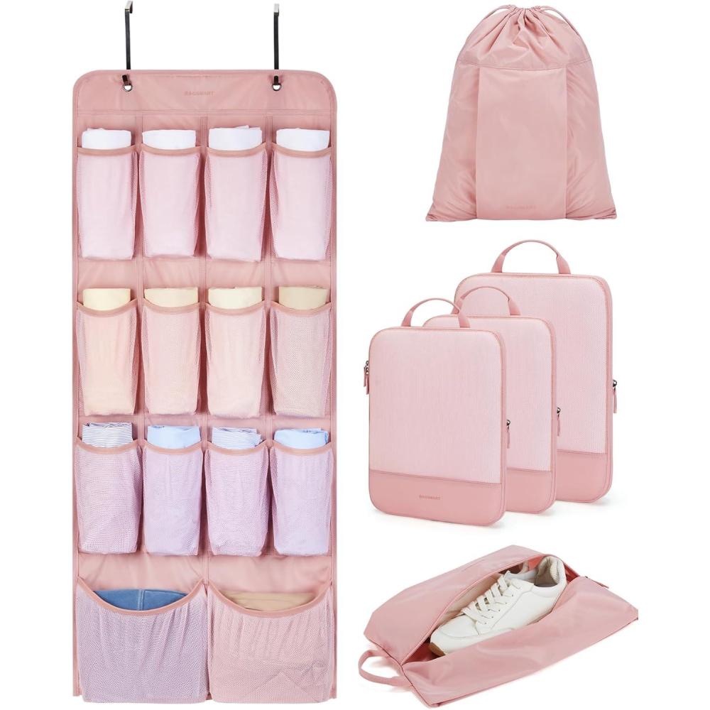image:imageBAGSMART Hanging Compression Packing Cubes 6 Set Large Suitcase Organizer Bags Set Cruise Travel Essentials for Women  Hanging Compression Packing Cubes for WomenBaby Pink