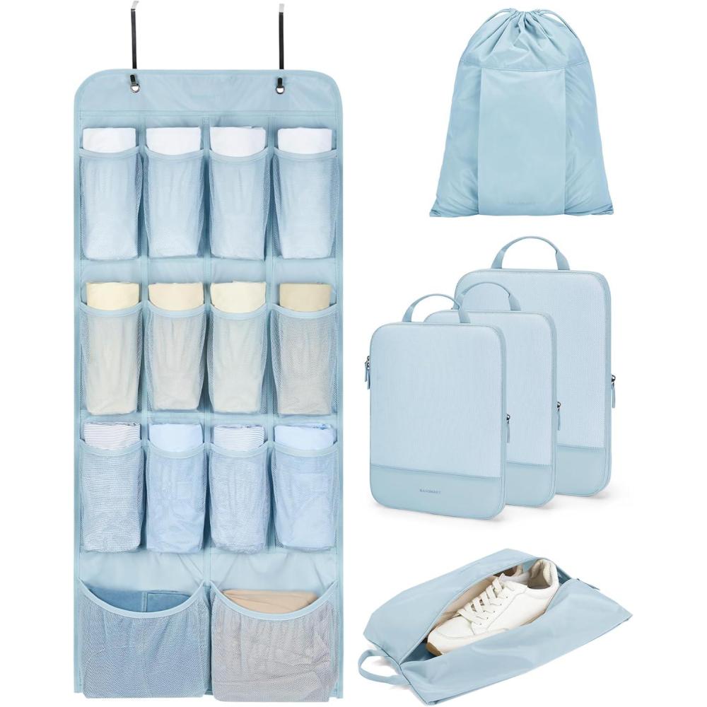 image:imageBAGSMART Hanging Compression Packing Cubes 6 Set Large Suitcase Organizer Bags Set Cruise Travel Essentials for Women  Hanging Compression Packing Cubes for WomenLight Blue