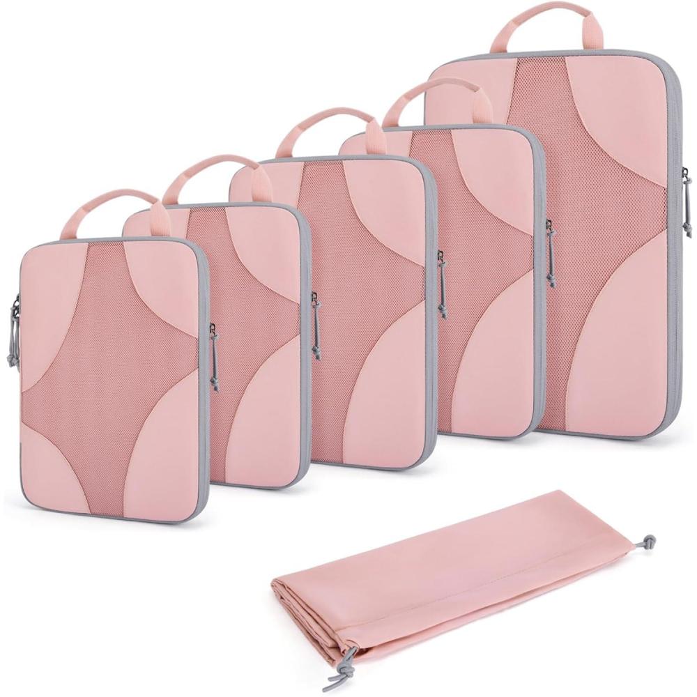 image:imageBAGSMART Hanging Compression Packing Cubes 6 Set Large Suitcase Organizer Bags Set Cruise Travel Essentials for WomenBaby Pink