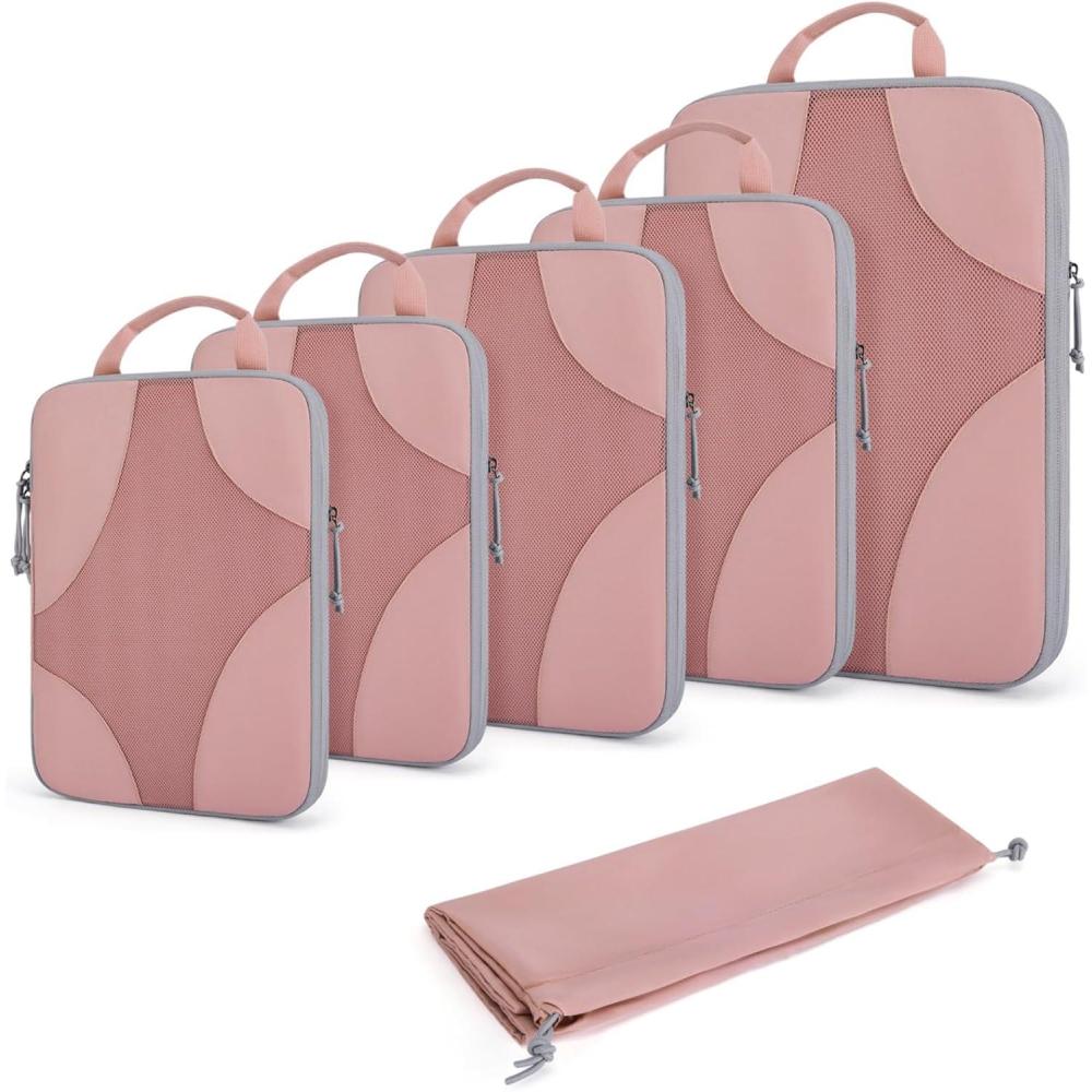 image:imageBAGSMART Hanging Compression Packing Cubes 6 Set Large Suitcase Organizer Bags Set Cruise Travel Essentials for WomenClay Pink