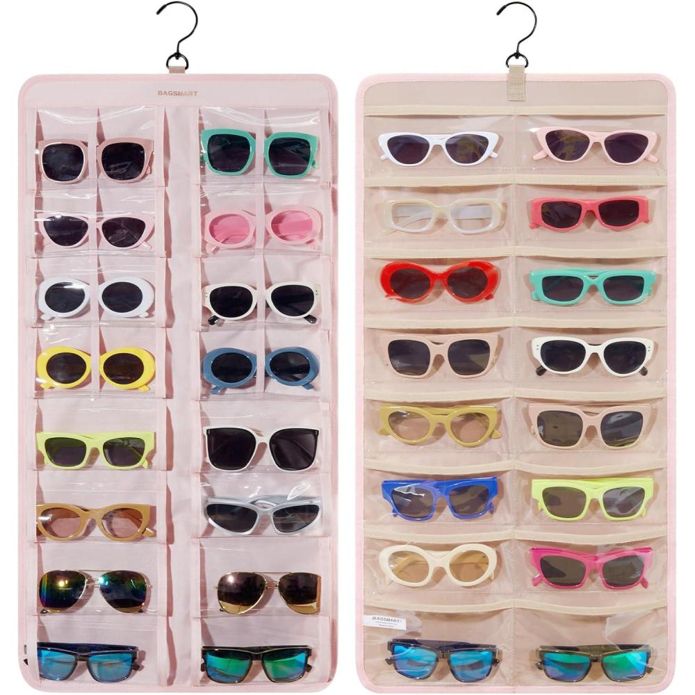 image:imageBAGSMART Hanging Jewelry Organizer Dust Proof Sunglasses Storage Case Wall Mounted Travel Dual Sided Glasses Case Multiple Pairs Eyeglasses Holder with 32 Clear Slots ampamp Metal Hook BlackPink