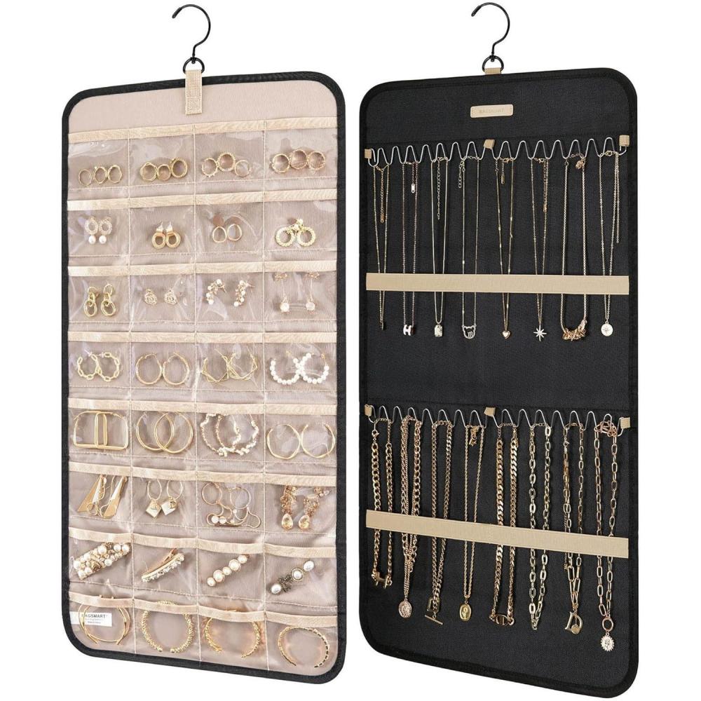 image:imageBAGSMART Hanging Jewelry Organizer Storage Roll with Hanger Metal Hooks DoubleSided Jewelry Holder for Earrings Necklaces Rings on Closet Wall Door 1 piece Large BlackBlack