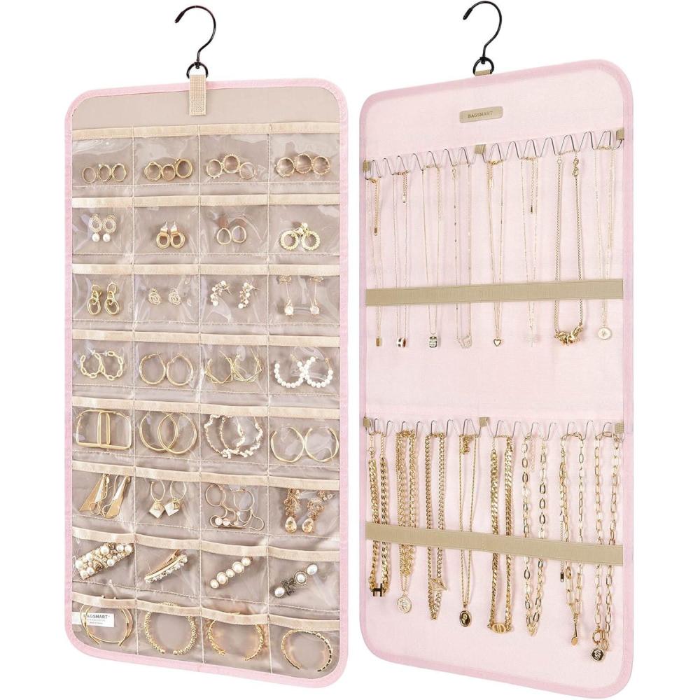 image:imageBAGSMART Hanging Jewelry Organizer Storage Roll with Hanger Metal Hooks DoubleSided Jewelry Holder for Earrings Necklaces Rings on Closet Wall Door 1 piece Large BlackPink