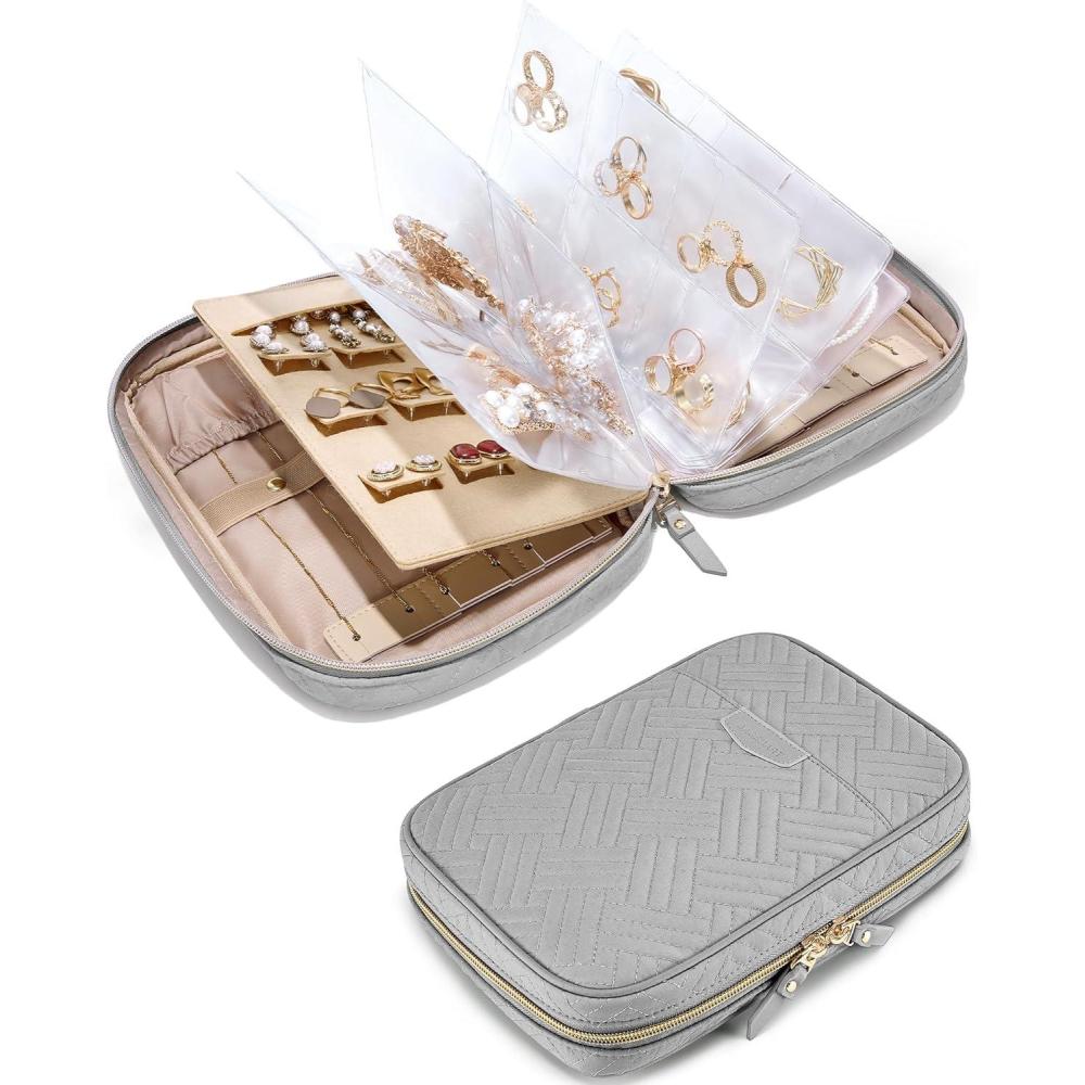 image:imageBAGSMART Large Jewelry Travel Organizer Case for Home Jewelry Organizer Storage Ring Binder Jewelry Bags Clear Jewelry Rolls Zipper Pouch Bag for Necklaces Earrings Rings Bracelets Pink06Grey