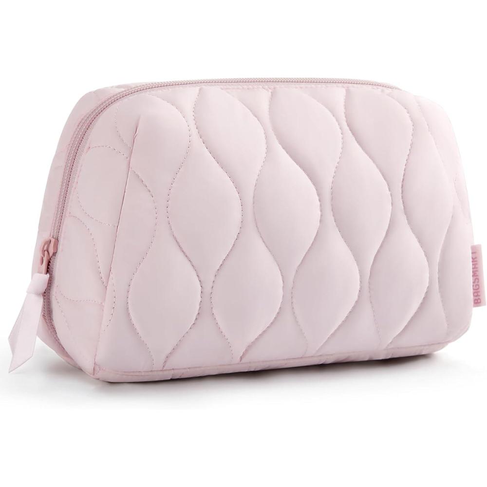 image:imageBAGSMART Makeup Bag Travel Cosmetic Bag Puffy Padded Make Up Bag for Women Makeup Organizer Case Wideopen Pouch Purse Travel Essentials Toiletries Accessories Brushes PinkAPink