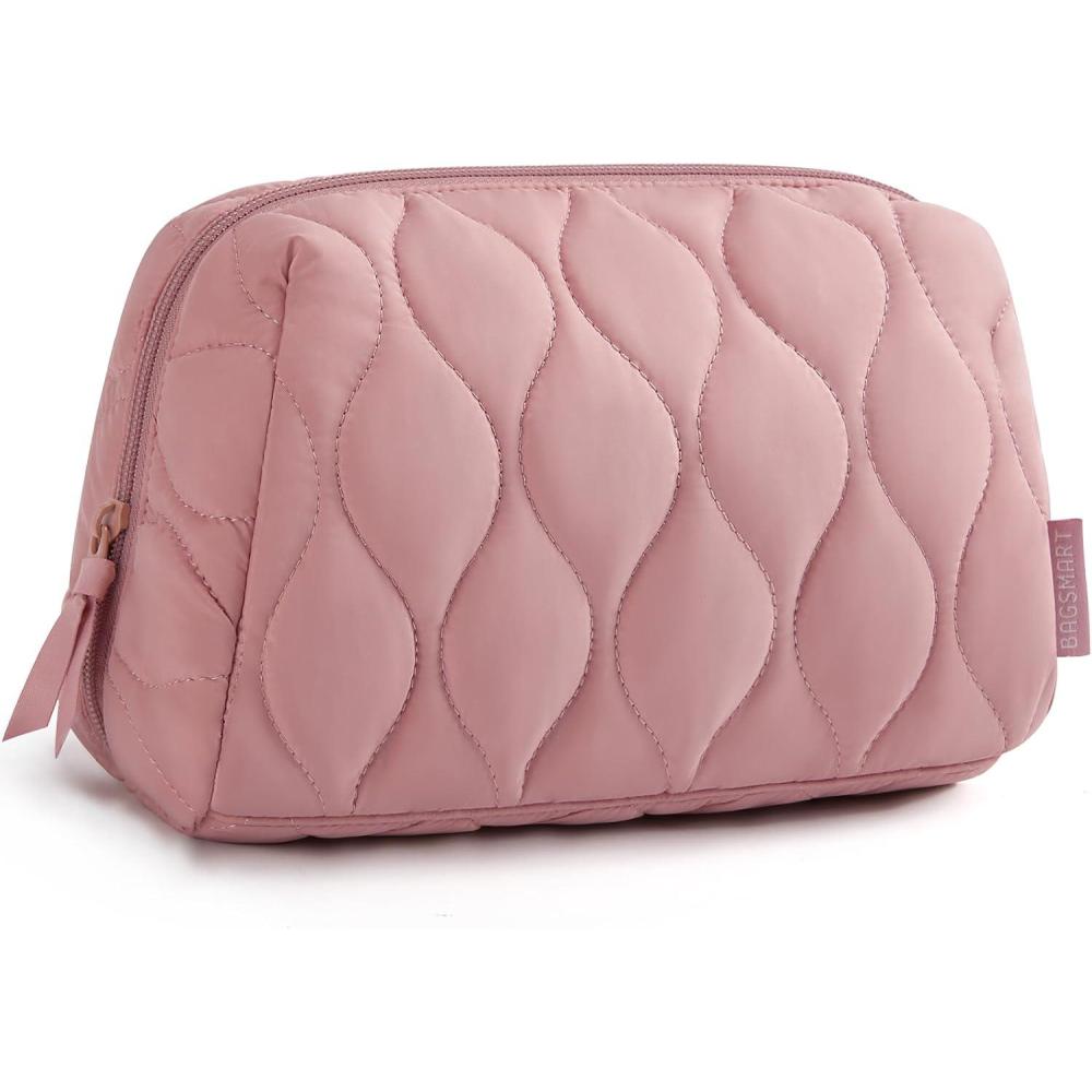 image:imageBAGSMART Makeup Bag Travel Cosmetic Bag Puffy Padded Make Up Bag for Women Makeup Organizer Case Wideopen Pouch Purse Travel Essentials Toiletries Accessories Brushes PinkCDark Pink
