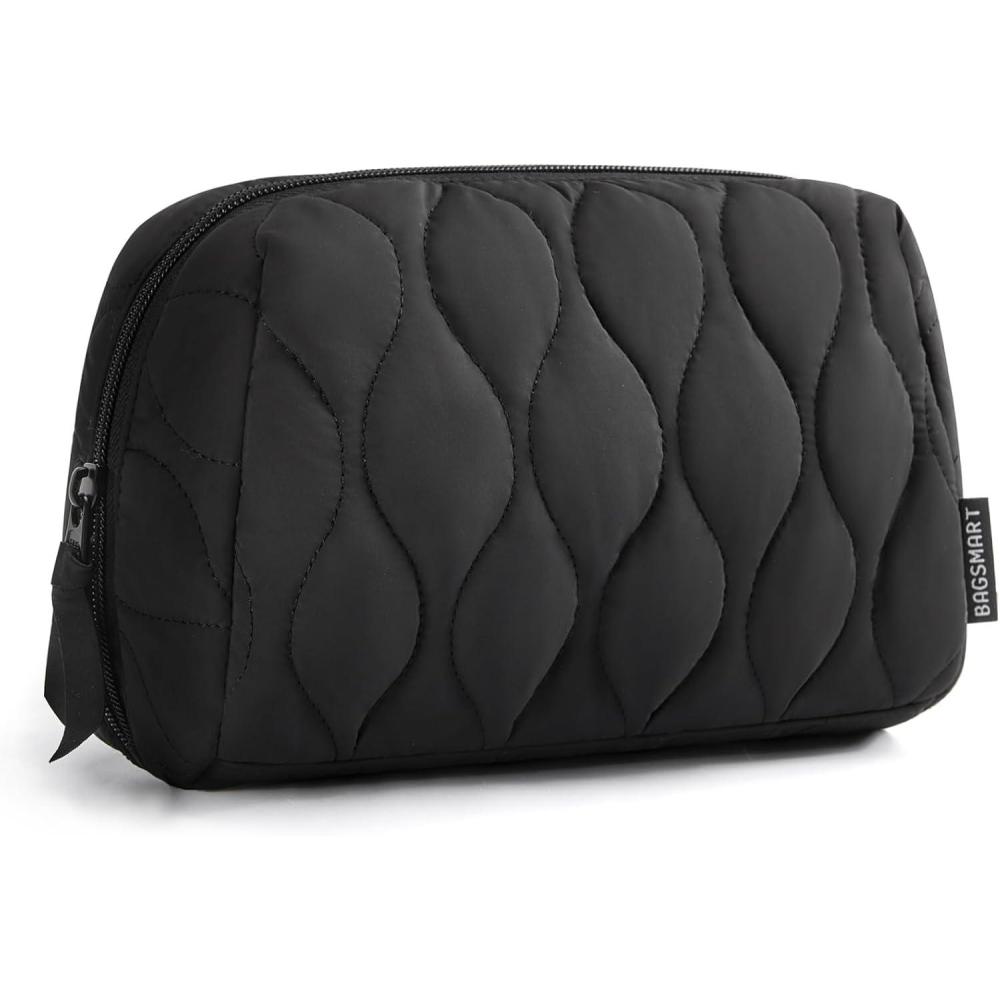 image:imageBAGSMART Makeup Bag Travel Cosmetic Bag Puffy Padded Make Up Bag for Women Makeup Organizer Case Wideopen Pouch Purse Travel Essentials Toiletries Accessories Brushes PinkBBlack